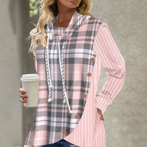 Aderez Tops - Exclusive Pink Geometric CowlNeck Long Sleeve Top Lg